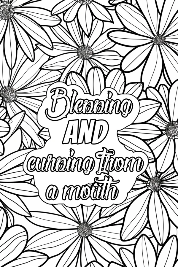 Daisy-like flowers surrounding artistic text that reads 'bleeding and curing from a mouth', fine line art style — free printable healing coloring book page