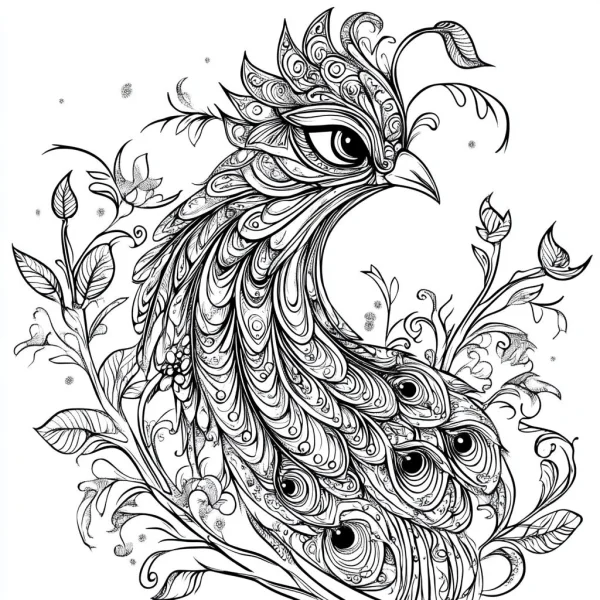Zentangle-style peacock, surrounded by delicate flowers and leaves — free printable coloring page