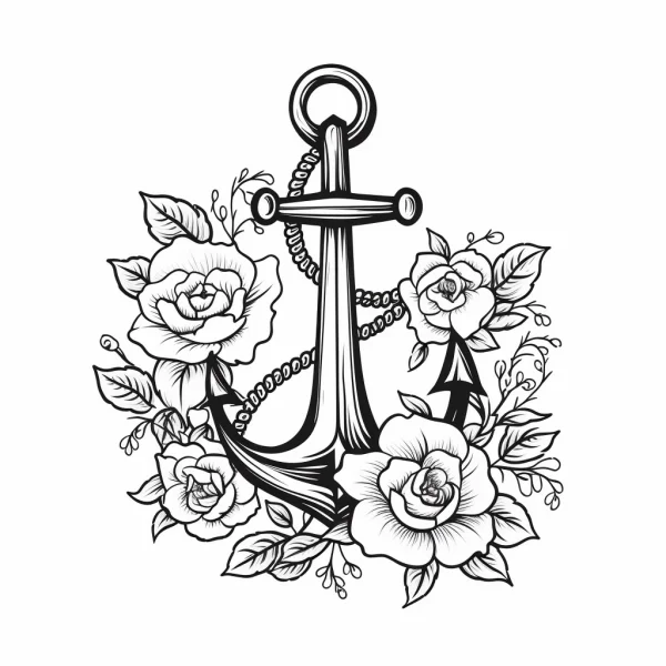 Anchor surrounded by roses, vines and leaves — free printable living items coloring book page