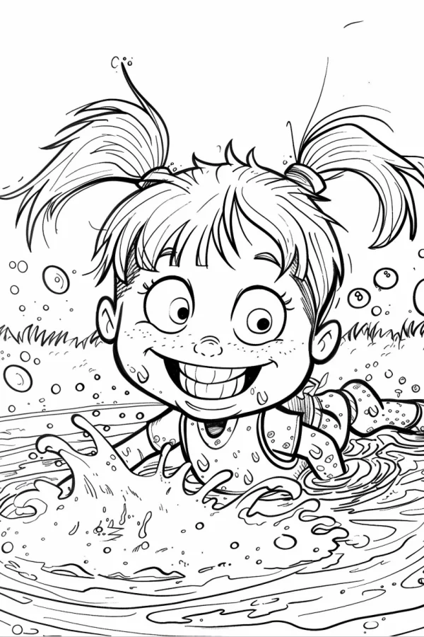 Cartoon little girl with pigtails splashing in shallow water, cartoon style — free printable play coloring book page