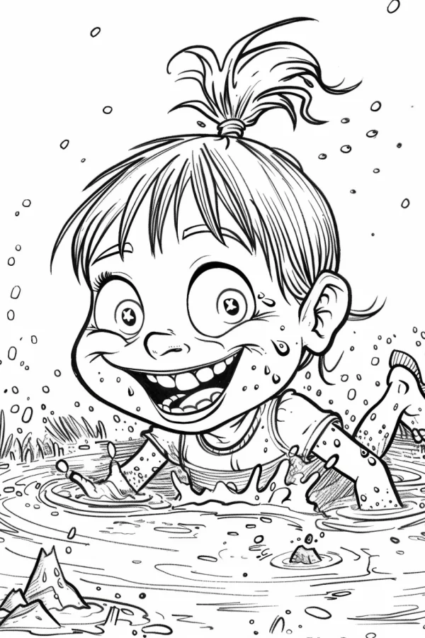 Cartoon girl playing in mud puddle, cartoon art style — free printable outdoor play coloring book page