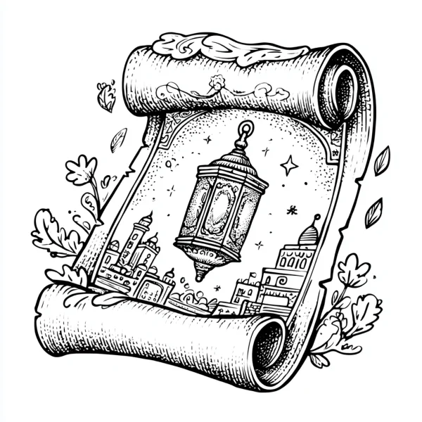 Middle eastern lantern and traditional architecture on an ancient scroll, fantasy middle eastern style — free printable eid al-fitr coloring book page
