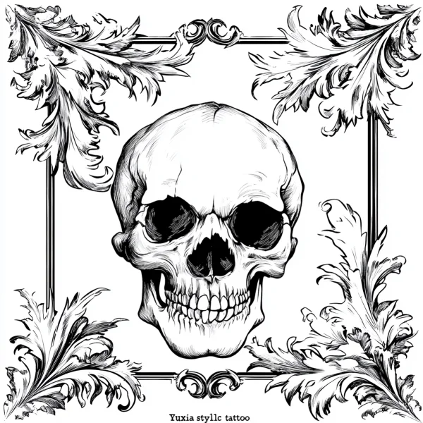 Skull with baroque scrollwork decorative border, gothic and baroque style — free printable baroque coloring book page