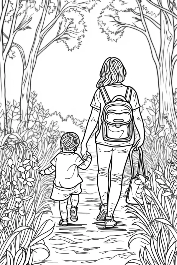 Back view of mother and child walking on forest path, realistic illustration style — free printable parent-child coloring book page