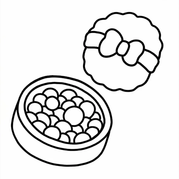 Mooncake lid with bow and container filled with round fillings, cartoon style — free printable mid-autumn festival coloring book page