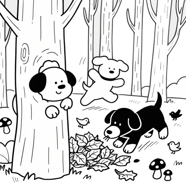 Playful puppies playing hide-and-seek in the forest, cartoon style — free printable play coloring book page
