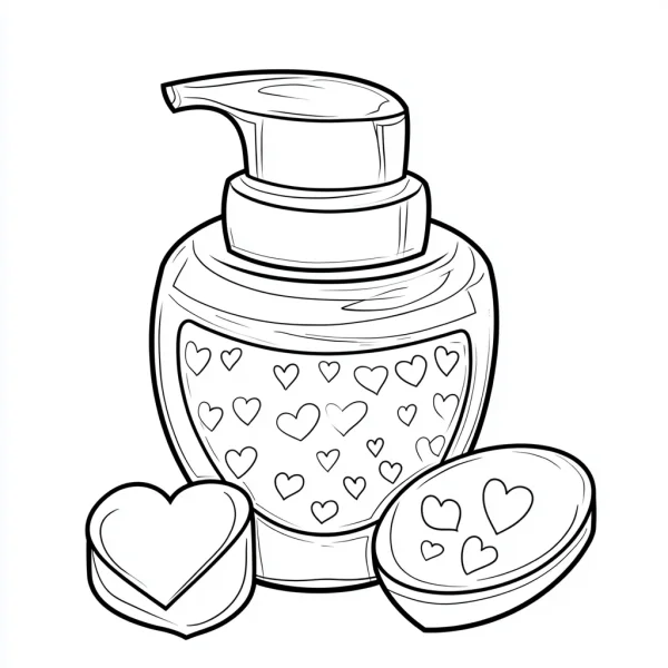 Pump skincare bottle decorated with heart patterns, cartoon style — free printable coloring page