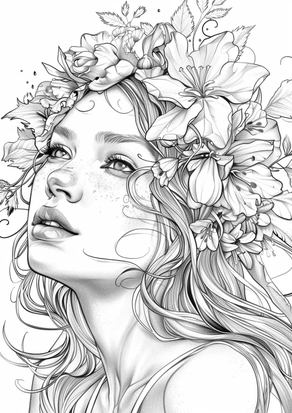 Girl with floral wreath on head, realistic illustration style — free printable character theme coloring book page