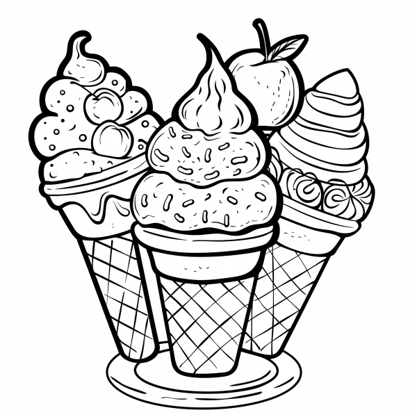 Three ice cream cones with an apple behind, cartoon style — free printable desserts coloring book page