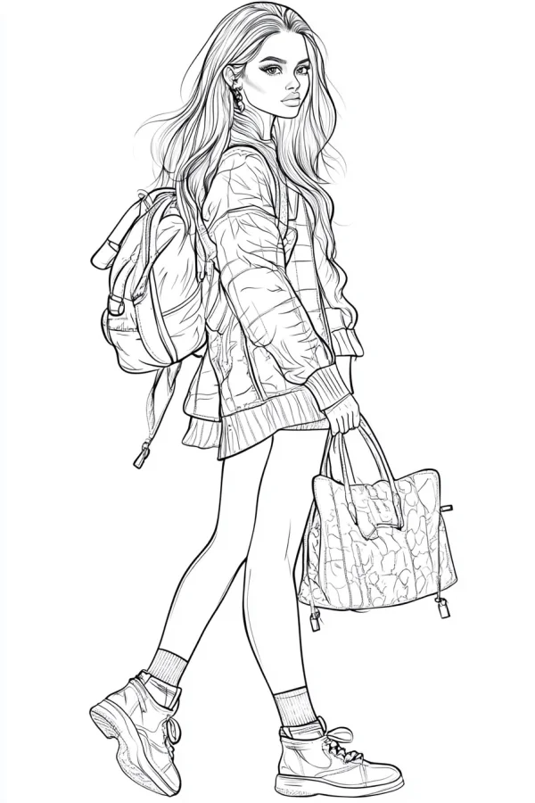 Coloring book page, stylish long-haired girl going out — free printable daily commute coloring book page