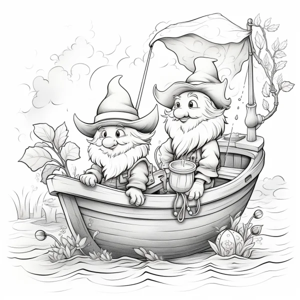 Two cheerful dwarfs in a wooden boat, cartoon fairy tale style — free printable outdoor travel coloring book page