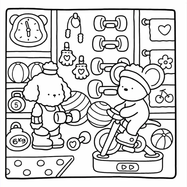 Anthropomorphic puppy and mouse working out in a cute gym, cartoon style — free printable fitness coloring book page