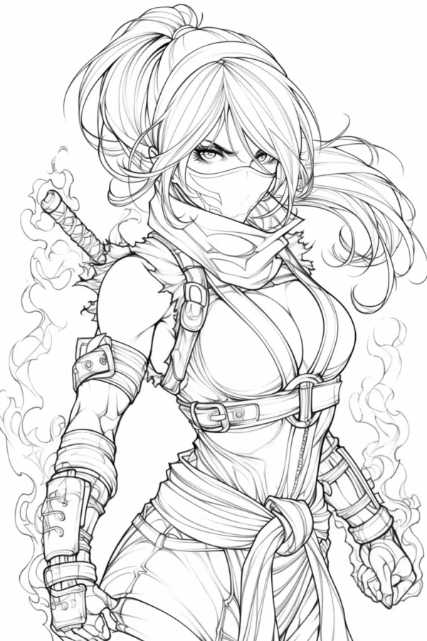 Masked female ninja with high ponytail, anime style — free printable character theme coloring book page