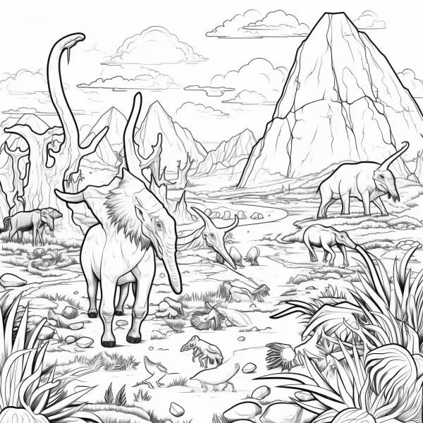 Prehistoric mammals herd in mountain grassland scene, realistic line art style — free printable prehistoric coloring book page