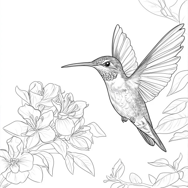 Hummingbird with blooming flowers, realistic style — free printable coloring page