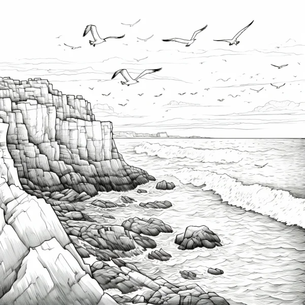 Coastal cliffs with ocean, realistic sketch style — free printable coloring page