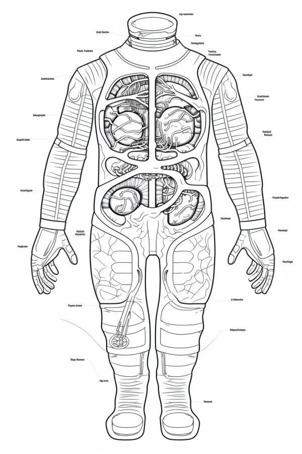 Anatomical spacesuit with exposed internal human organs, sci-fi realistic style — free printable popular science coloring book page