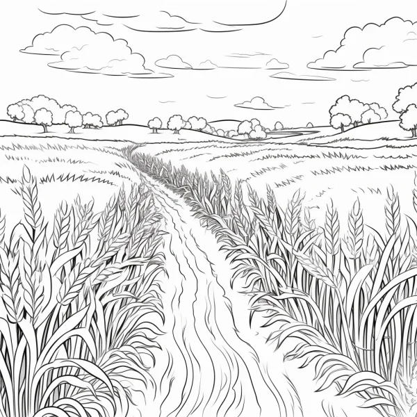 Rural path through wheat fields, sketch line art style — free printable farmland coloring book page
