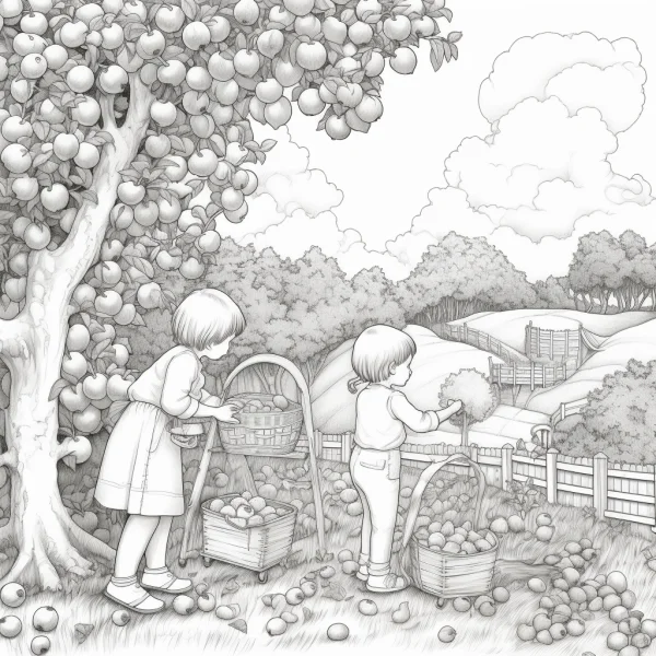 Children picking apples in an autumn orchard, realistic line art style — free printable parent-child coloring book page