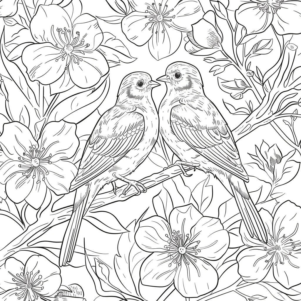 Two cuddling birds perched on a branch surrounded by blooming flowers and leaves, sketch line art style — moderate detail — line art coloring page — for kids and adults of all ages