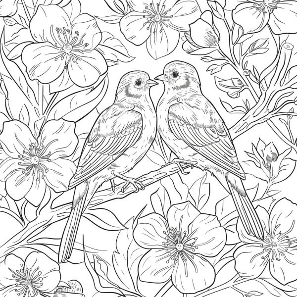 Two cuddling birds perched on a branch surrounded by blooming flowers and leaves, sketch line art style — free printable coloring page