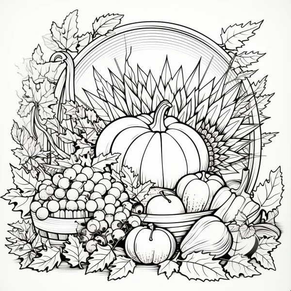 Harvest fruit and vegetable woven basket with pumpkin, grapes — free printable natural plants coloring book page