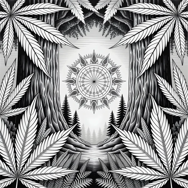 Cannabis leaves surrounding a forest scene with tall trees and pine woods, intricate geometric sun pattern in the center — free printable geometry coloring book page