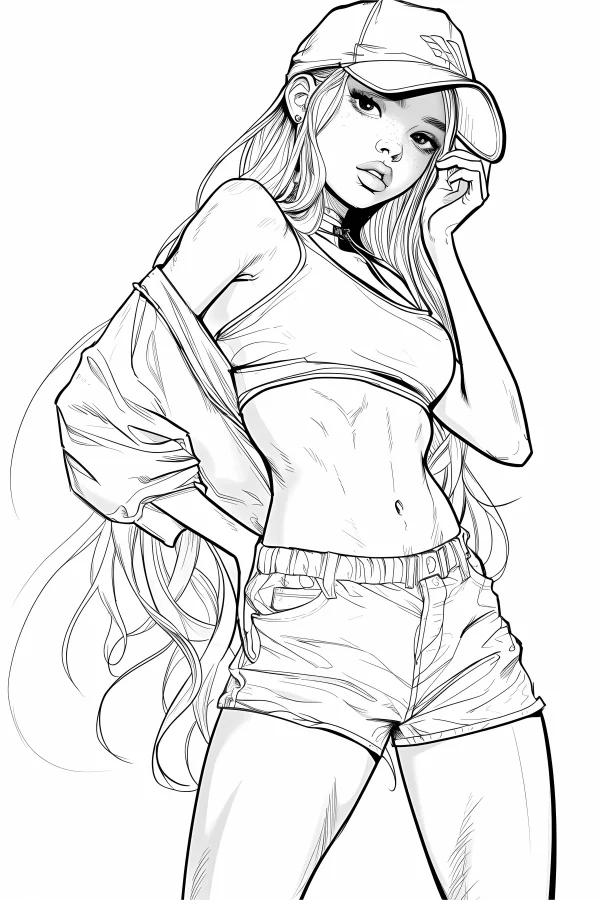 Cool fashion girl wearing baseball cap, anime style — free printable fitness coloring book page
