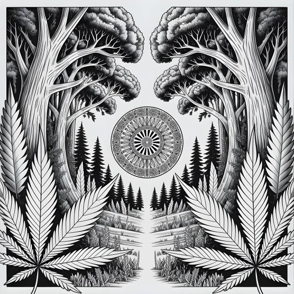Symmetrical forest scene with cannabis leaves and central mandala pattern, realistic sketch style — free printable abstract creativity coloring book page