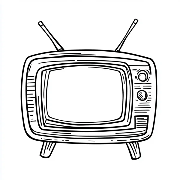Vintage television with antenna and control knobs, retro cartoon style — free printable living items coloring book page