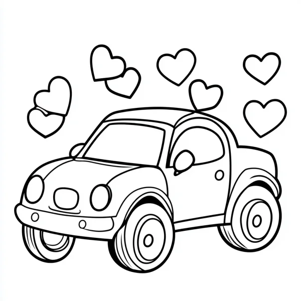Cute cartoon car with floating hearts, cartoon style — free printable coloring page