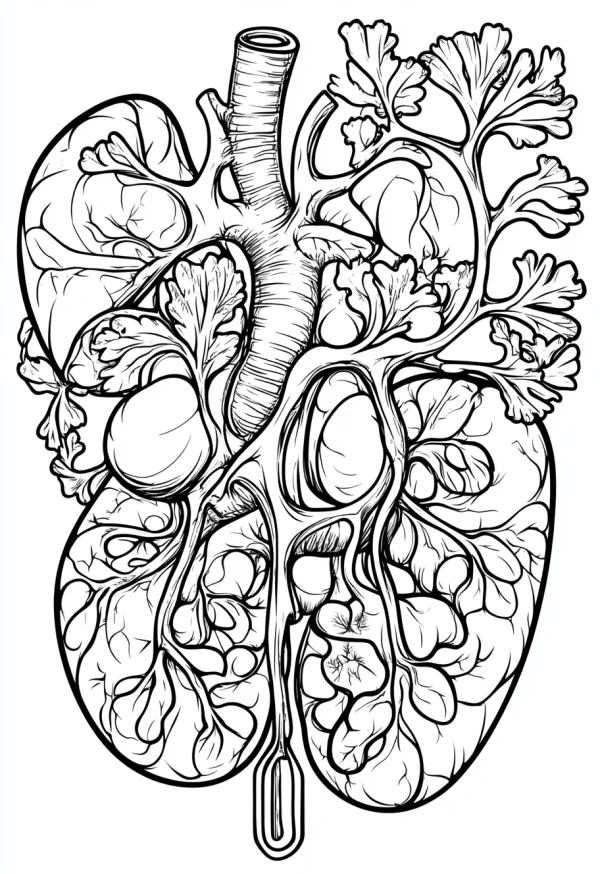 Anatomical line art of human heart and lungs, realistic sketch style — free printable medical anatomy coloring book page