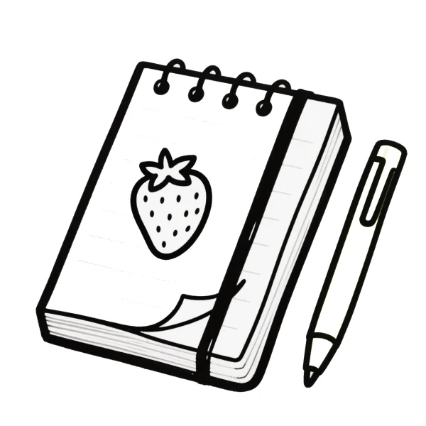 Spiral notebook with strawberry pattern and pen, cartoon style — free printable stationery coloring book page