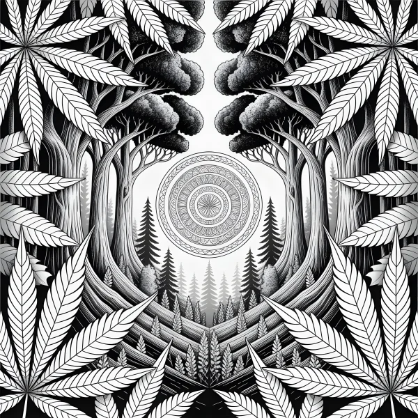 Mandala centered with cannabis leaves surrounding a forest scene, nature illustration style — free coloring book page