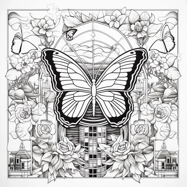Decorative butterfly surrounded by roses and flowers, art nouveau style — free printable scenes coloring book page