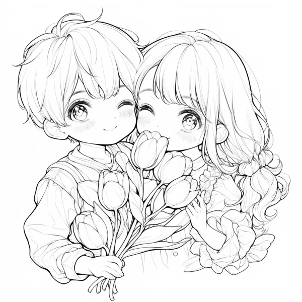 Cute cartoon boy and girl holding tulips, kawaii anime style — free printable coloring page