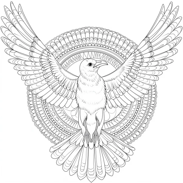 Mandala style flying bird, detailed feather and wing patterns — free printable coloring page
