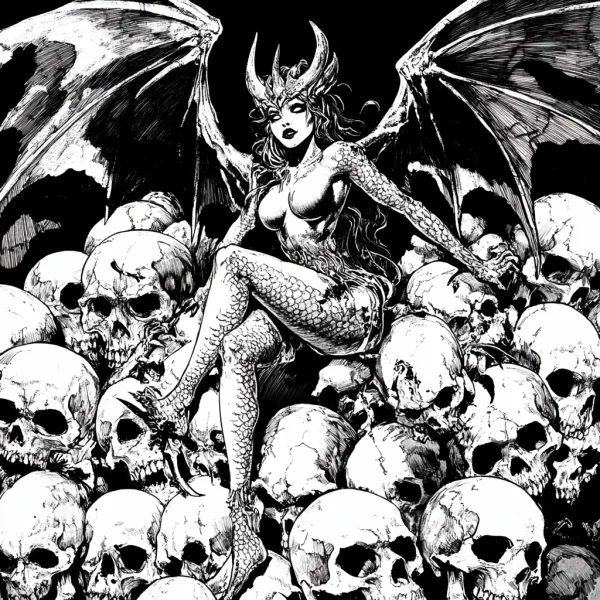 Winged demon woman sitting on pile of skulls, gothic horror style — free printable death coloring book page