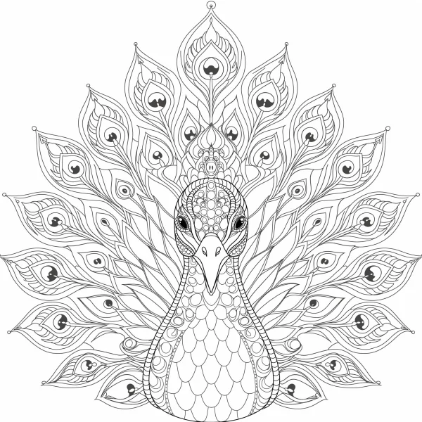 Decorative peacock with fully spread feathers, mandala style — free printable coloring page