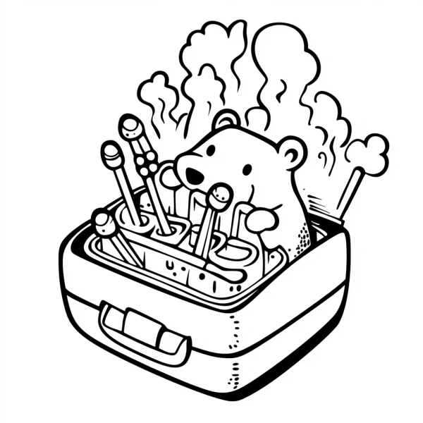 Cartoon bear inside a suitcase with bone-shaped utensils, cartoon style — free printable fun life coloring book page
