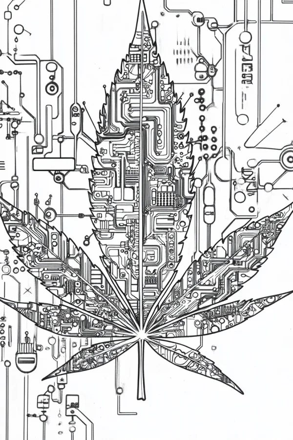 Cyberpunk-style cannabis leaf composed of circuit board elements, intricate electronic circuit patterns — free printable technology coloring book page