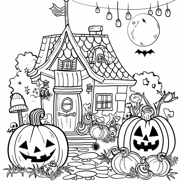 Halloween fantasy cottage with jack-o'-lanterns, cartoon fairy tale style — free printable scenes coloring book page