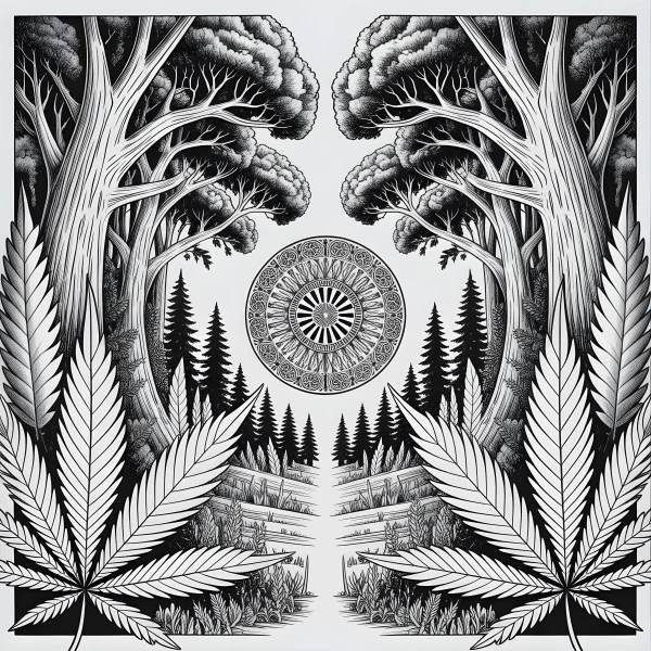 Marijuana leaves and forest mandala, symmetrical forest scene with tall broadleaf trees — free printable abstract creativity coloring book page