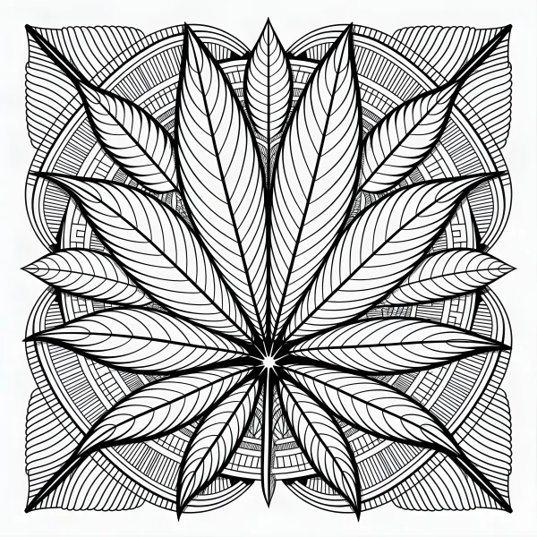 Mandala-style cannabis leaf, intricate symmetrical spiral patterns — free printable mandala art coloring book page