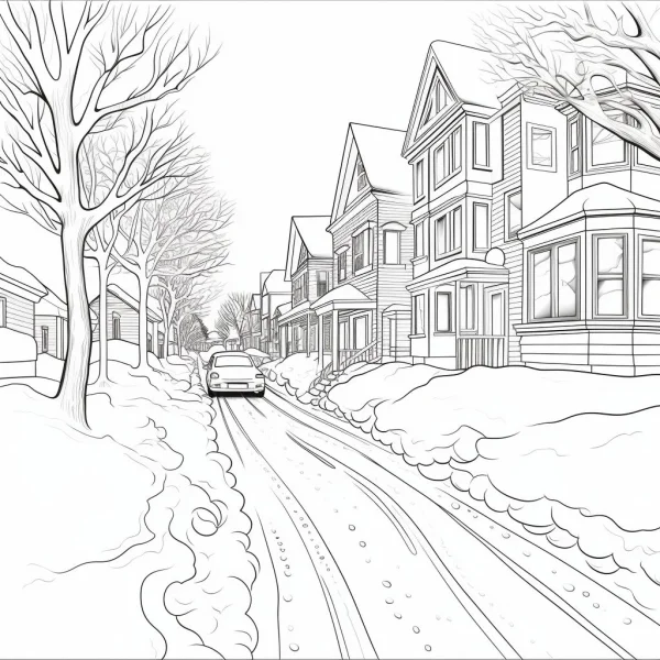 Winter residential street with houses, realistic sketch style — free printable living scene coloring book page