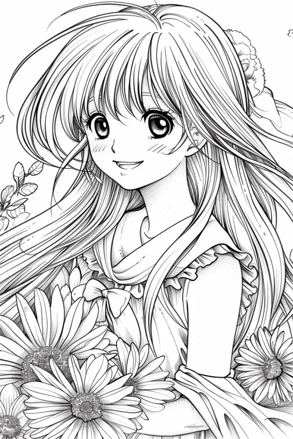 Smiling long-haired girl with daisies, anime cartoon style — free printable coloring page