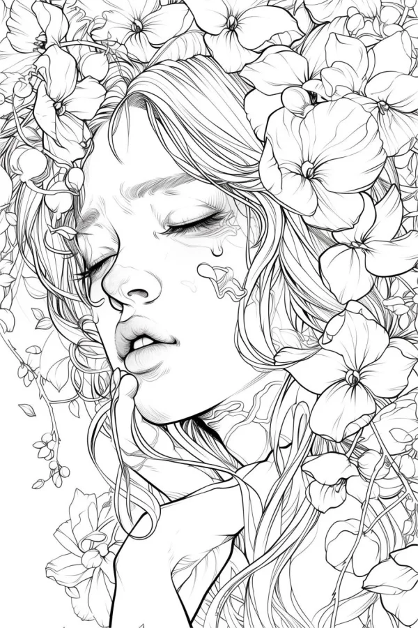 Crying girl surrounded by blooming flowers, realistic hand-drawn style — free printable healing coloring book page