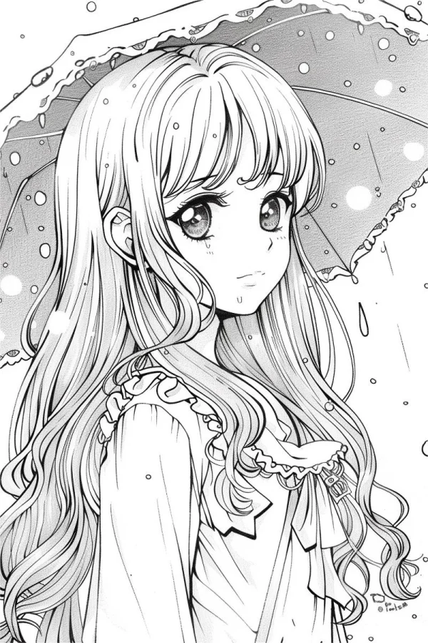Coloring book page, anime girl with long curly hair and bangs holding an umbrella in rain — free printable rainy days coloring book page