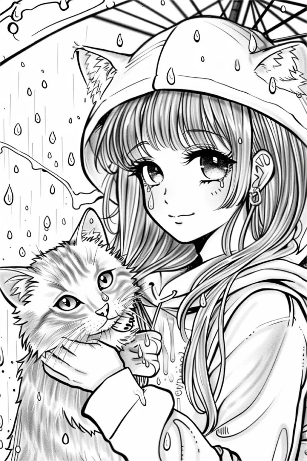 Anime girl holding a tabby cat in the rain, wearing cat ear hat and holding umbrella — free printable rainy days coloring book page