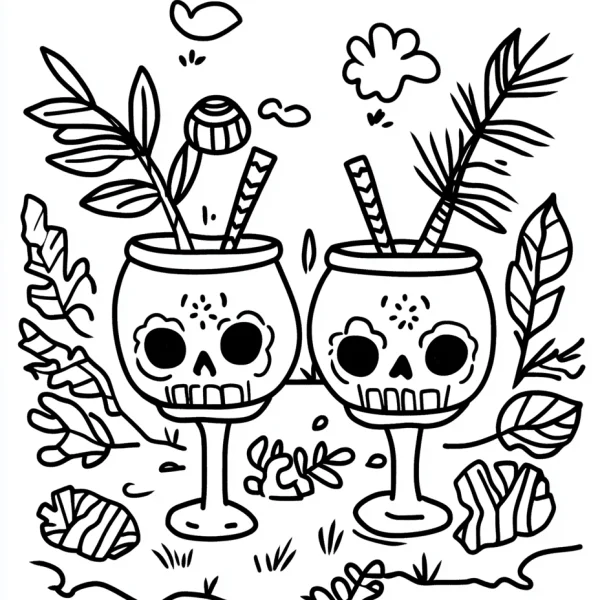 Cartoon skull-shaped cocktail glasses, cartoon style — free printable natural plants coloring book page